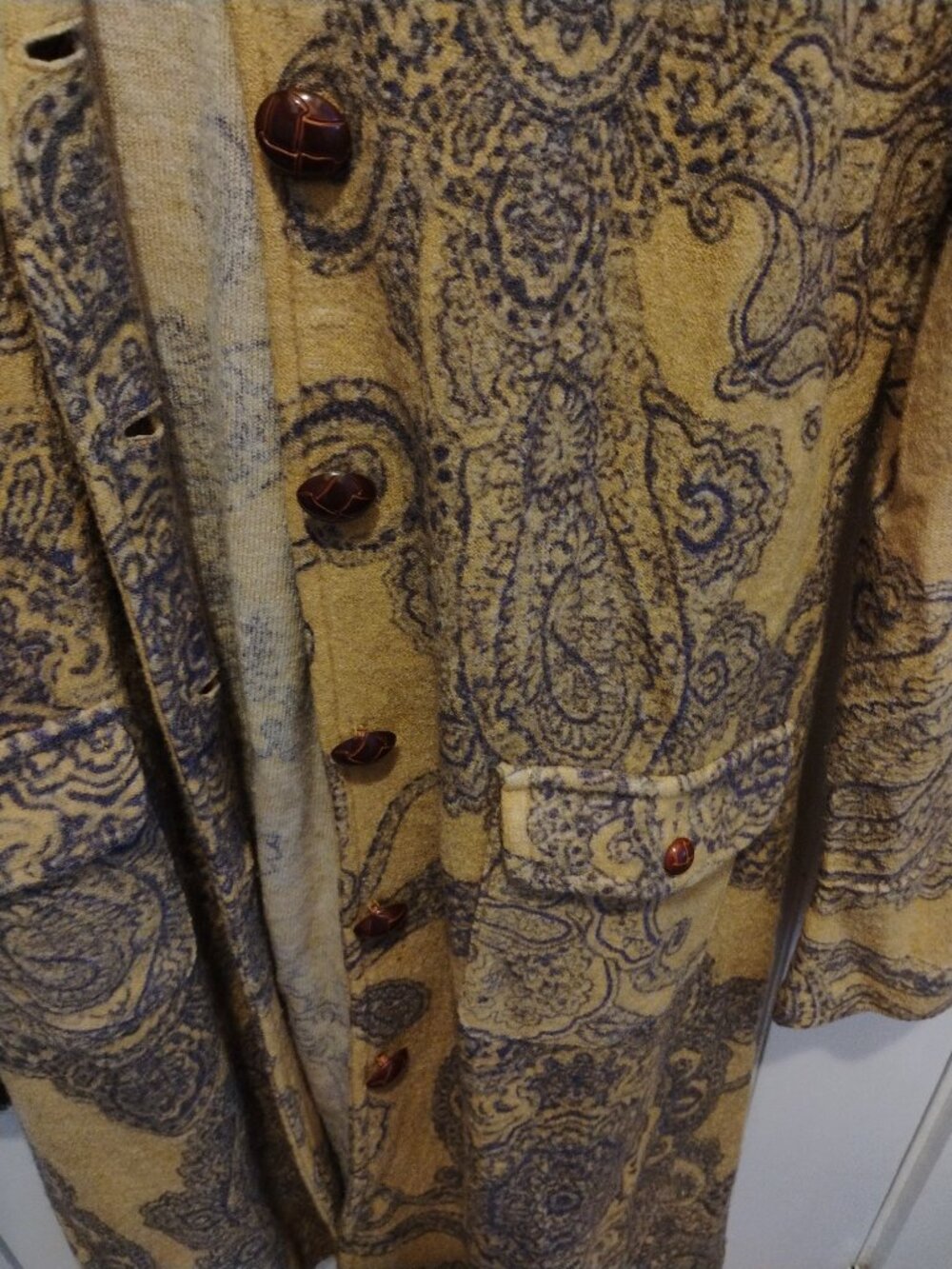 Silk Club Wool Paisley Long Coat Womens M Yellow Mustard Boho Longline Jacket - - Picture 3 of 4